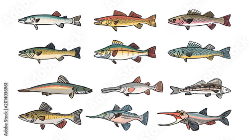 Foto Aquatic Variety: A vibrant illustration showcasing a collection of diverse fish species, each one a unique marvel of aquatic life