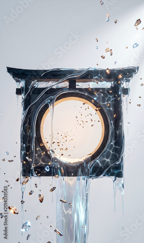 The Frozen Cascade: Water-Curtain Torii and Floating Crystals