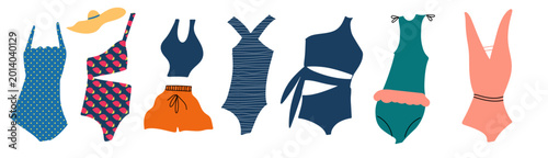 Horizontal swimwear collection banner with colorful bikini and swimsuit illustrations for summer branding and fashion projects.