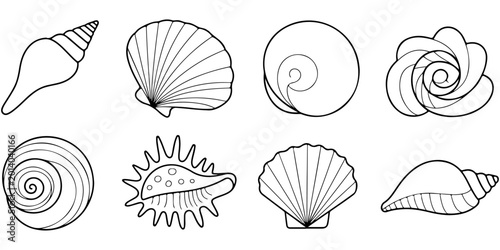 Foto Seashell icon collection featuring conch and scallop shell silhouettes in decora