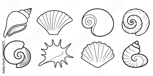 Fotografie Seashell icon collection featuring conch and scallop shell silhouettes in decora