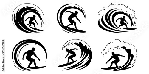 Foto Black silhouette collection of surfers with surfboards in standing and riding po