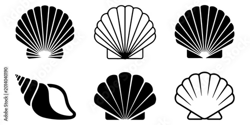 Schilderij op canvas Seashell icon collection featuring conch and scallop shell silhouettes in decora