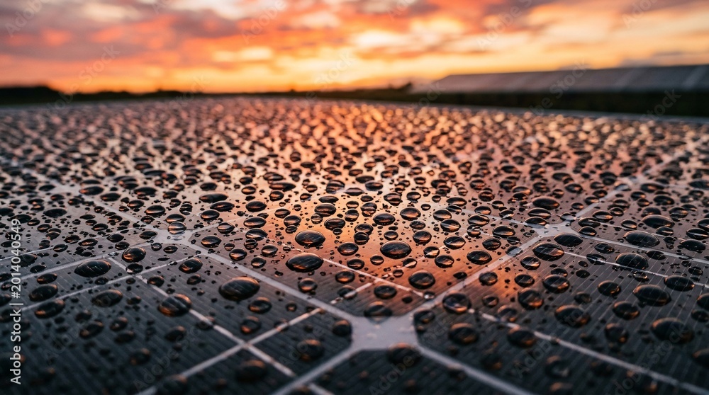 Fototapeta premium Gleaming futuristic monocrystalline solar panels coated in pristine spherical raindrops reflecting a fiery sunset sky, close-up textures.