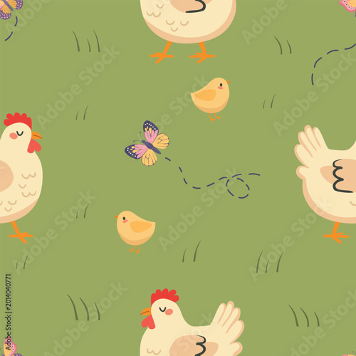 A seamless background featuring a charming illustration of a hen with chicks on a green summer meadow. Perfect for designs with agricultural, rural, and nature themes, children’s illustrations