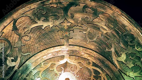 Close-Up of an Ancient Brass Astrolabe with Engraved Astronomical Scales