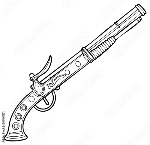 Line Art Drawing of Antique Flintlock Pistol with Ornate Handle and Trigger Mechanism