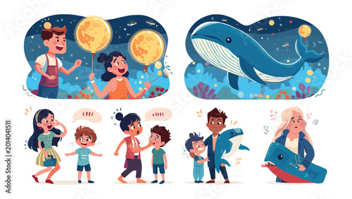 Fotografía Whimsical Children's Cartoon: Charming and playful illustrations showcasing children engaged in joyful activities, including the sighting of a majestic whale, balloon enjoyment, and interactive play