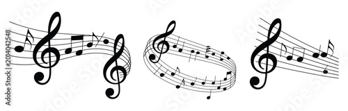 Foto Black musical notes and treble clefs on curved staff lines isolated on a white b