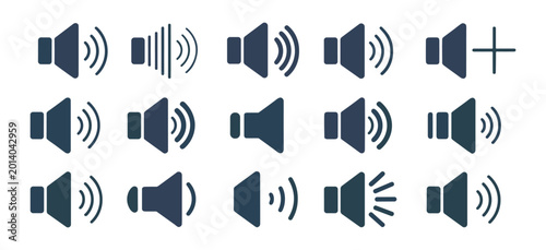 Tableau sur toile Set of dark grey speaker volume showing various sound levels and audio settings