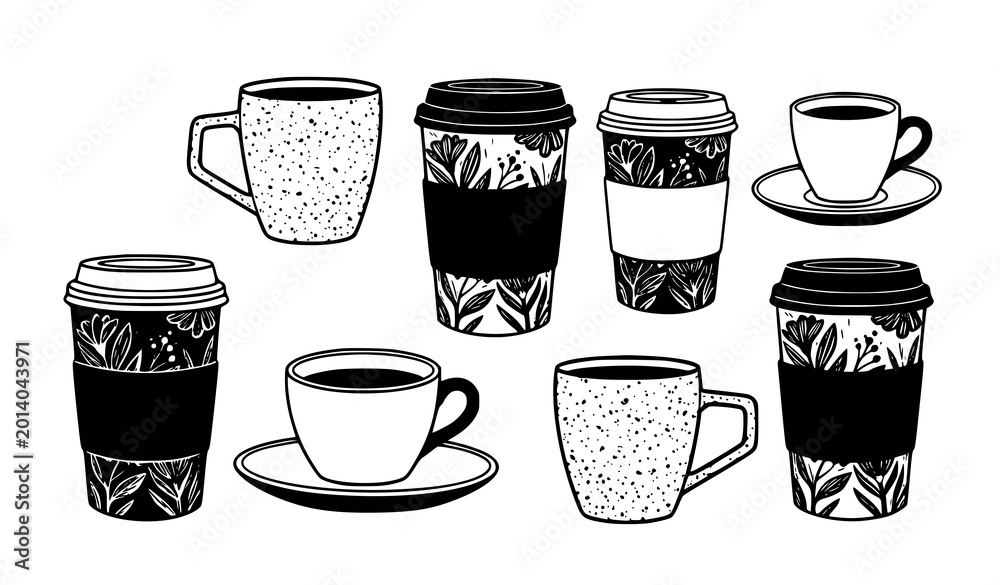 Obraz premium Coffee and tea collection hand drawn mugs and to go cups