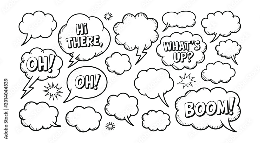 Obraz premium Collection of hand drawn comic speech bubbles with text expressions including hi there whats up oh and boom on a white background