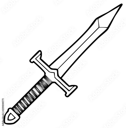 Stylized medieval sword with sharp blade and textured handle drawn with clean black outlines