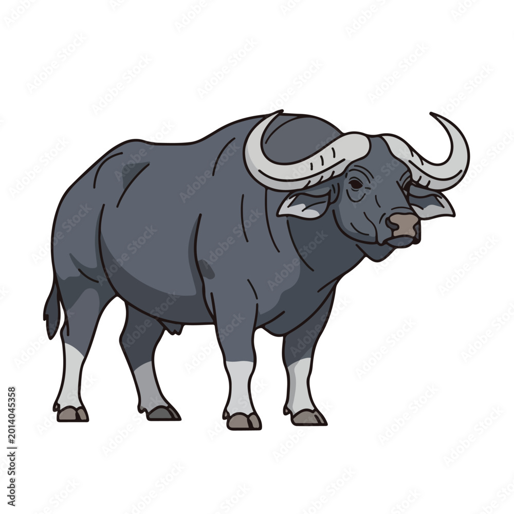 Fototapeta premium A cartoon illustration of a large gray bull with curved white horns standing on a plain background