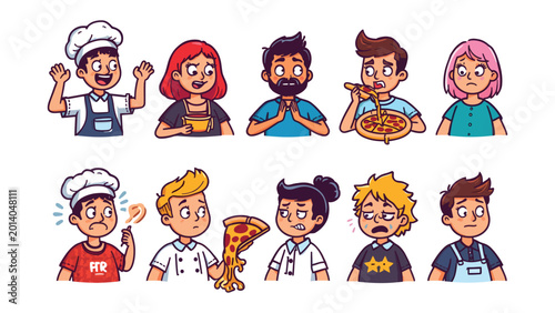 Bilde på lerret Culinary Chronicles: A vibrant collection of animated characters embodies the multifaceted experience of enjoying pizza, from the thrill of preparation to the satisfaction of the first bite