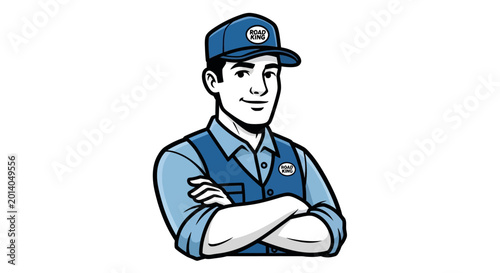 Friendly Mechanic Man with Crossed Arms, Blue Uniform and Cap