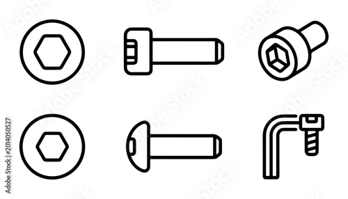 Foto Hex Bolt and Screw Icons, Allen Key Set, Engineering Fastener Symbols, Industria