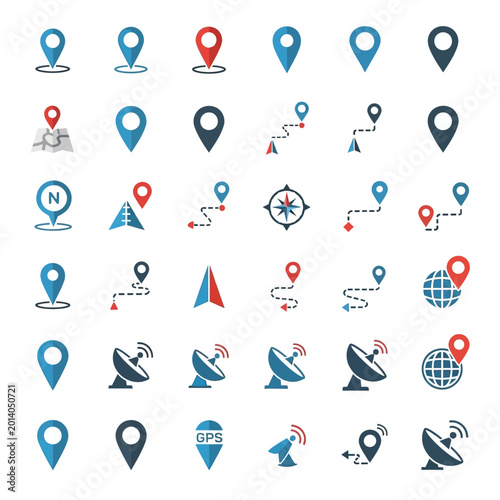 Location Map Pins, Navigation Icons, GPS Markers, Compass, Satellite Dishes, Globe