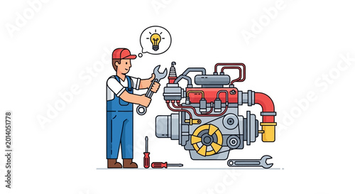 Mechanic Fixing Engine, Idea Lightbulb Above, Innovation Concept