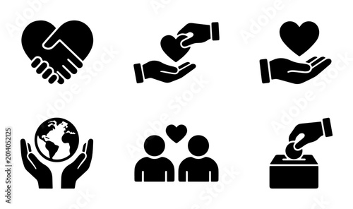 Konstfotografi Charity and Support Icons: Hands, Heart, Globe, People, Donation Box, Vector Set