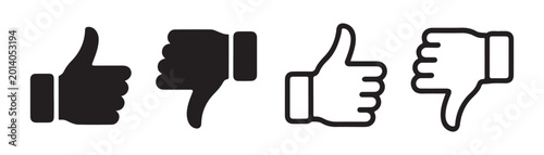 Tableau sur toile Set of four different like and dislike hand gesture thumb icons in solid and linear black ink style