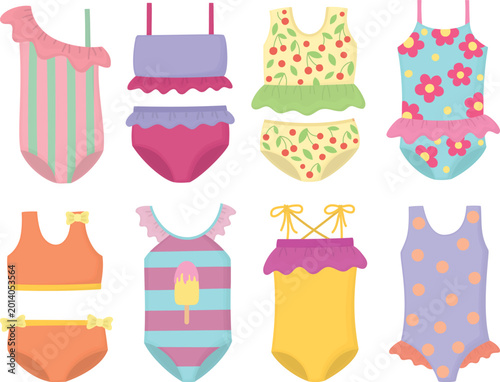 Valokuva Illustration with set of eight children’s swimsuits in playful and vibrant designs