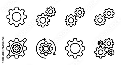 Schilderij op canvas Set of 8 Gear Icons, Mechanical Cogwheel Vector Graphics, Industrial Mechanism S