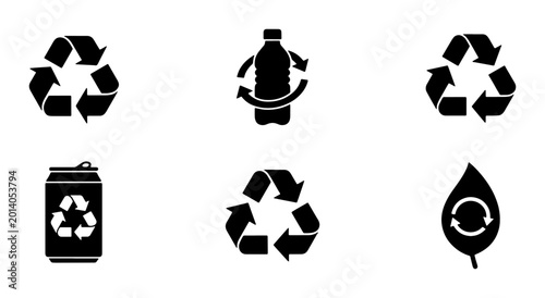Foto Recycling Symbols Vector Icons Set: Eco-Friendly Bottle, Can, Leaf Icons for Sus