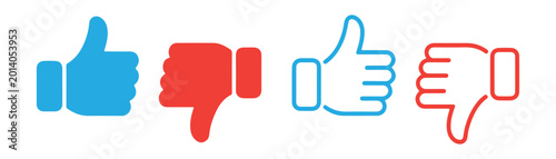 Photos Set of like and dislike thumb icons with colorful blue and red solid and linear design variations