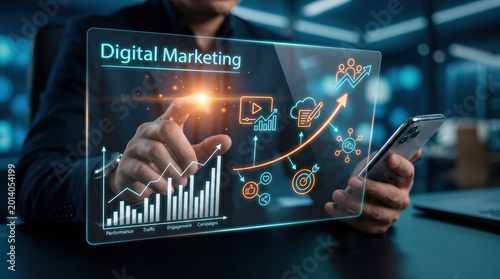 Digital marketing and business analytics concept featuring businessman using smartphone with virtual advertising dashboard, social media strategy tools, and online growth visualization