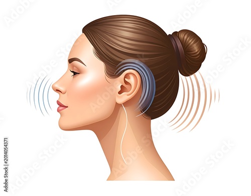 Digital illustration of a woman's profile featuring the anatomy of hearing with soundwaves radiating from her ear and mouth