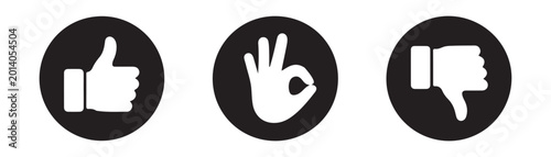 Quadro su tela Set of round black icons for like, ok gesture, and dislike on a transparent background