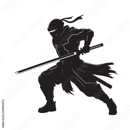 Bild auf Leinwand Silhouette of a ninja warrior in action with two swords martial arts assassin