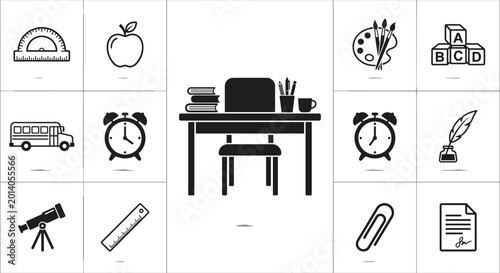 Canvas Print School education icons and classroom desk illustration, academic learning concep