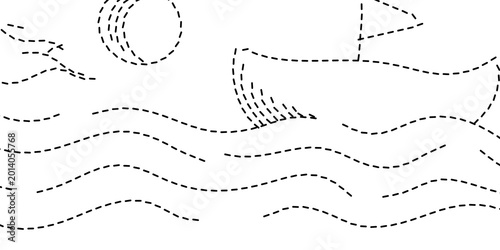 Schilderij op canvas Dotted outline of a charming sailboat on gentle waves under a bright sun, an ide