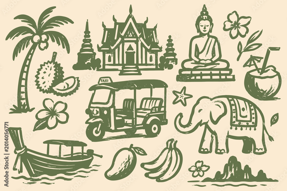 Naklejka premium Thailand Travel Icons Green Sketch Set Vector