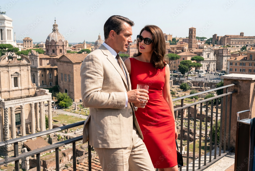 Obraz premium Elegant couple in stylish attire conversing on a sunlit balcony overlooking the historic ruins and beautiful classic architecture of ancient Rome, Italy.