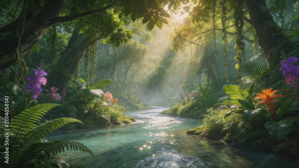 Fototapeta premium Sunlit jungle river with vibrant flora