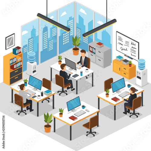 Modern Isometric Office Interior with People Working at Desks