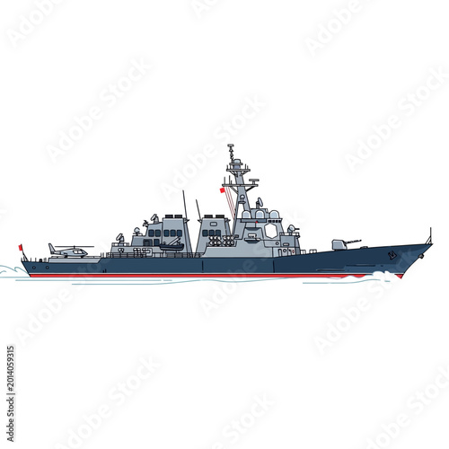 Modern Warship Illustration, Navy Destroyer, Military Vessel Sailing on Water