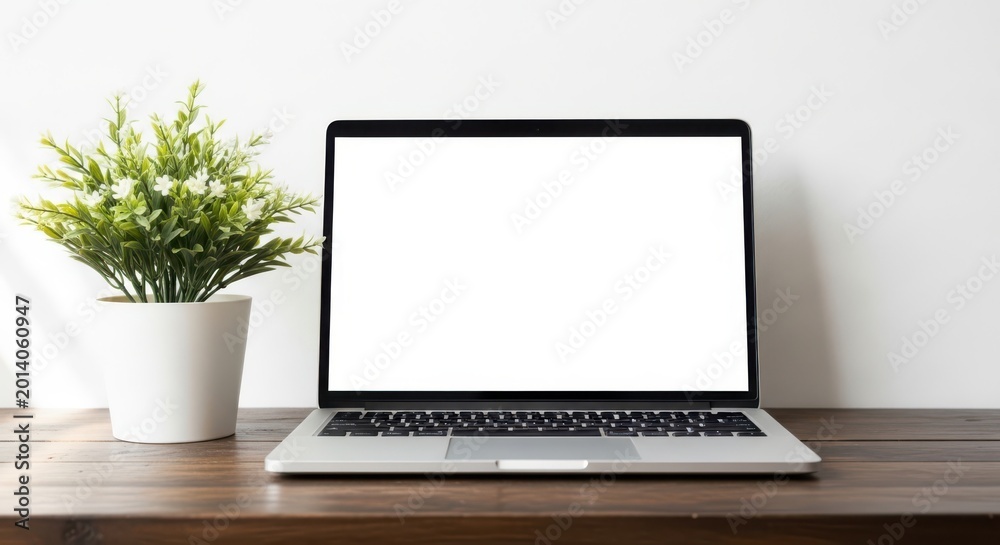 Fototapeta premium Laptop computer with blank screen on wooden desk next to potted plant indoors