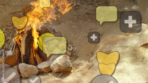Yellow heart popping sparking heart and bubble icons spawning floating obscuring fire showing likes