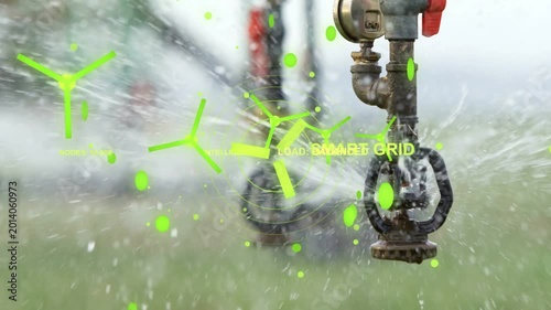 Sprinkler valve spraying on water start while green HUD converging over valve showing SMART GRID