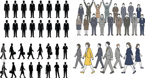 Fotografi Business people silhouettes and office workers walking, teamwork celebration, co