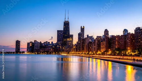 Illuminated cityscape at dusk reflecting in calm water, with tall buildings against a gradient sky. Lights create paths