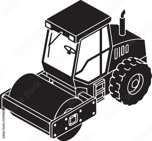 Black and white road roller, construction vehicle icon, heavy equipment, industrial tractor
