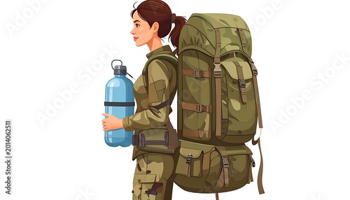 Illustration of a woman in khaki attire, holding a large water bottle, and carrying a massive green backpack. She is shown in profile