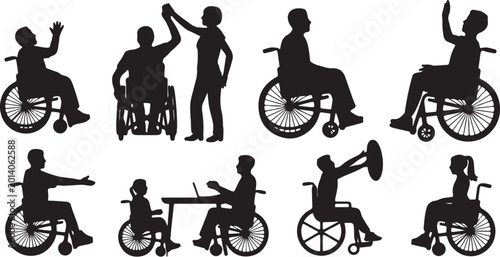Group people in wheelchair different ages in various poses vector silhouette set collection. silhouette vector illustration