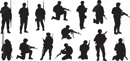 Bild auf Leinwand Army silhouette of men soldiers with weapons, a large military vector set