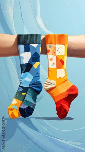 Illustration of two vibrant socks held by arms. One blue, geometric; the other orange with colorful shapes. Both against a light blue backdrop